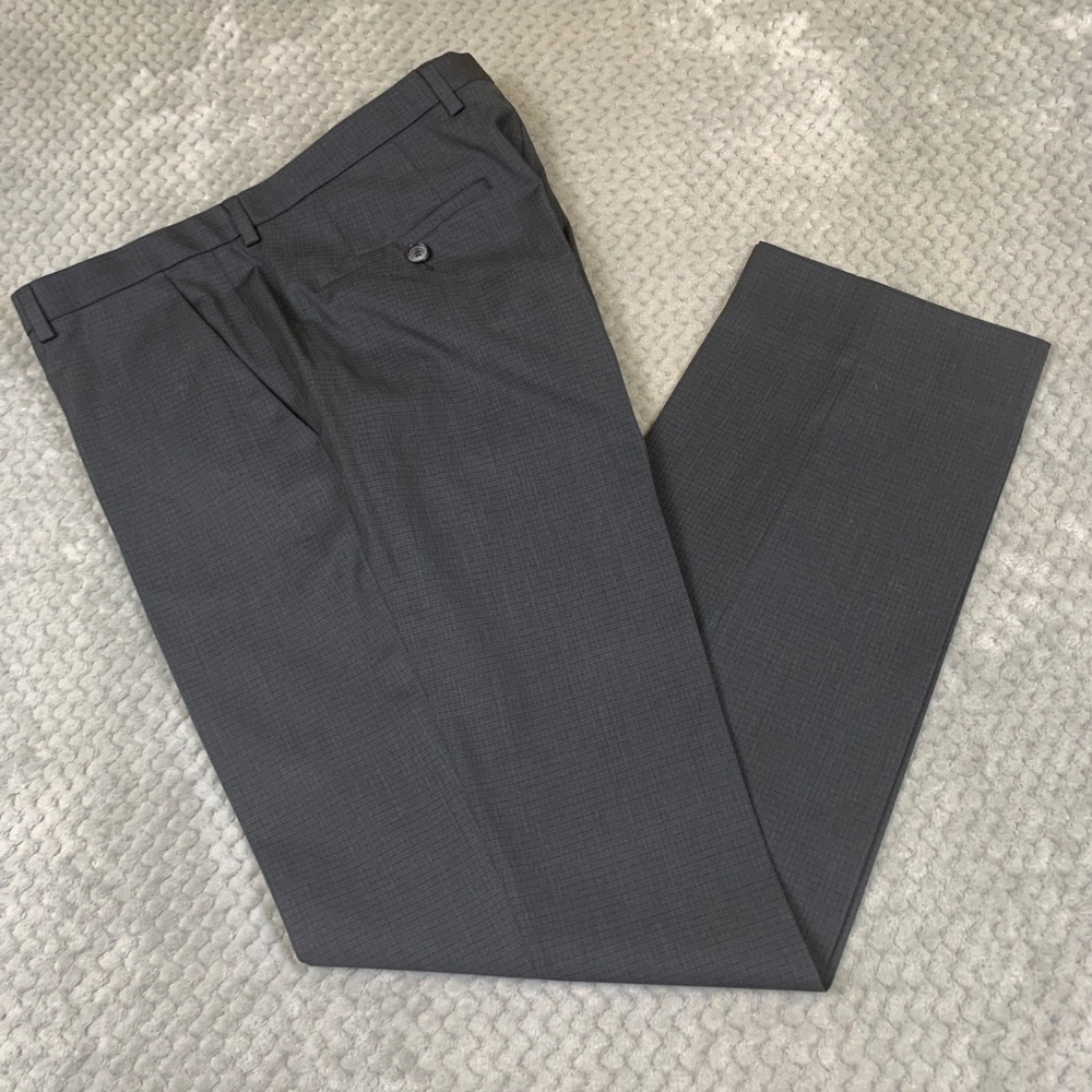Hugo Boss Dress Pants Mens 34R Charcoal Gray Micro Check Straight Leg Trousers